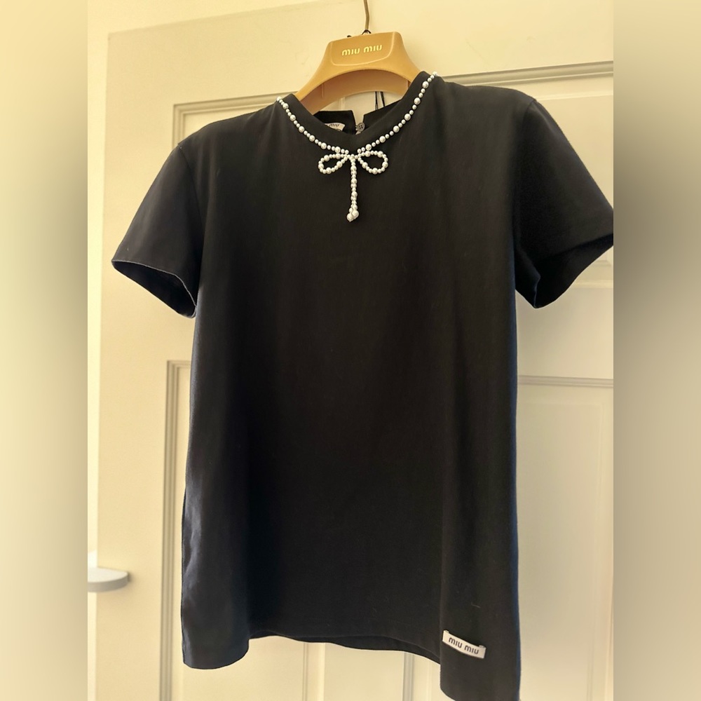 MiuMiu Pearl-Embellished Bow T-shirt